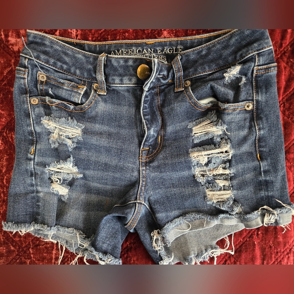 American Eagle Outfitters Women's Ripped Jean Shorts - Dark Blue